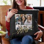 Sisters Script Foto Collections-Geschenk Kissen<br><div class="desc">Moderne Kissenschablone aus schwarzem Gold für Schwestern mit sechs individuellen Fotos und modernen Kalligrafien.                Persönlich mit Ihren Bildern und Texten!              Bitte beachten Sie,  dass die Hintergrundfarbe geändert werden kann. Sie können das Schwarz durch eine andere Farbe ersetzen,  nachdem Sie die Option EDIT VERWENDEN DES DESIGN TOOL ausgewählt haben.</div>