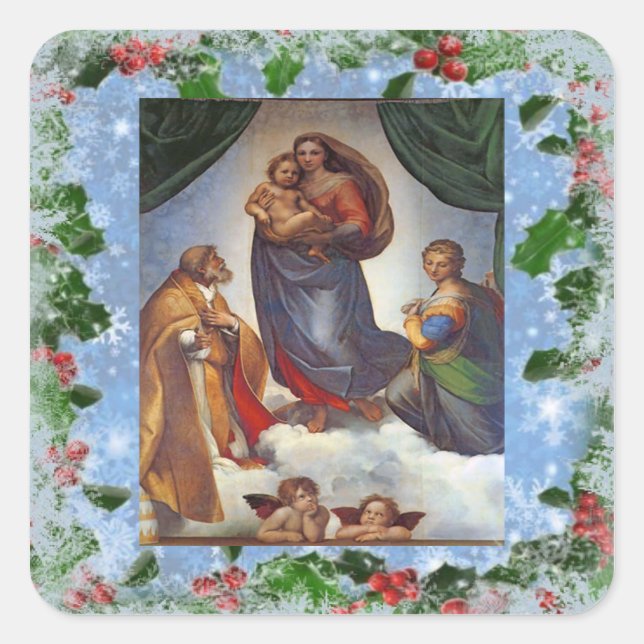 Sistinische Madonna Weihnachtssticker Quadratischer Aufkleber (Vorderseite)