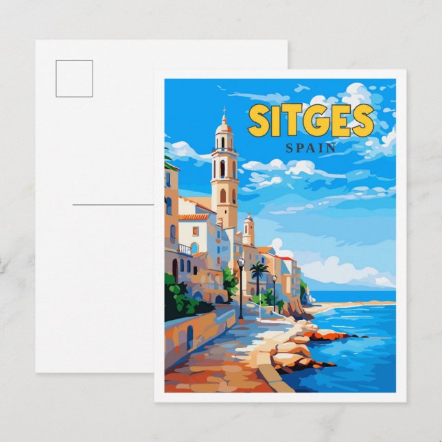 Sitges Spain Vintage Reise Illustration Postkarte (Vorne/Hinten)