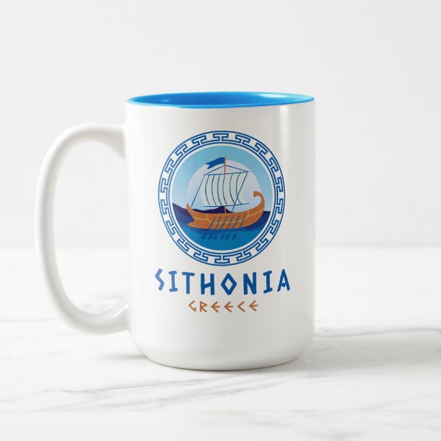 Sithonia, Griechenland, griechisches Schiffsdesign Zweifarbige Tasse (Links)
