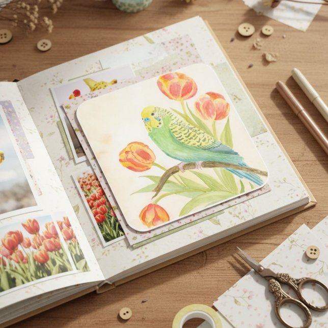 Sittich mit Tulpen Quadratischer Aufkleber (Von Creator hochgeladen)