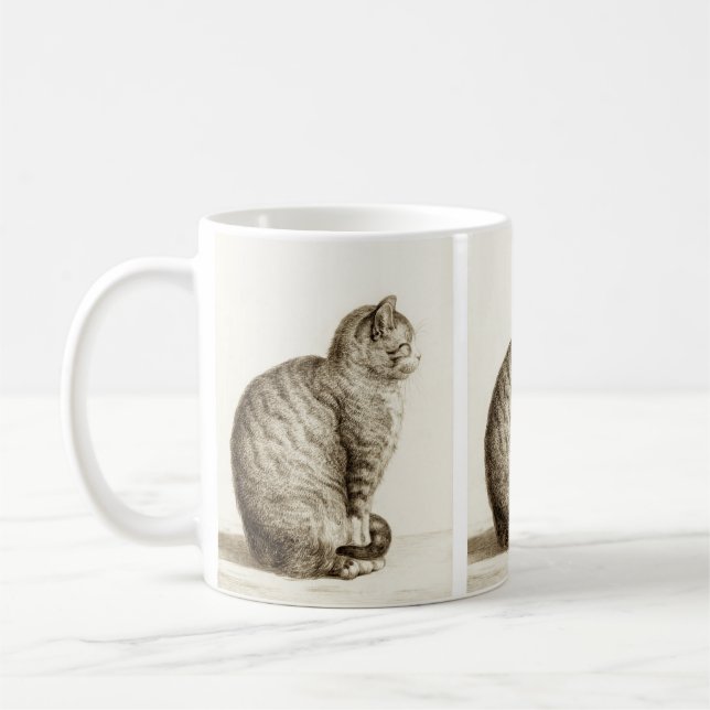 Sitting cat vintage sepia pencil drawing kaffeetasse (Links)
