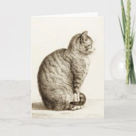 Sitting cat vintage sepia pencil drawing karte