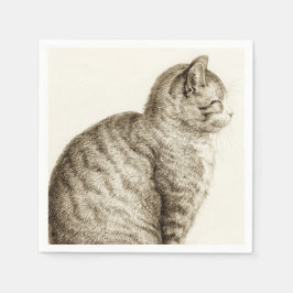Sitting cat vintage sepia pencil drawing serviette