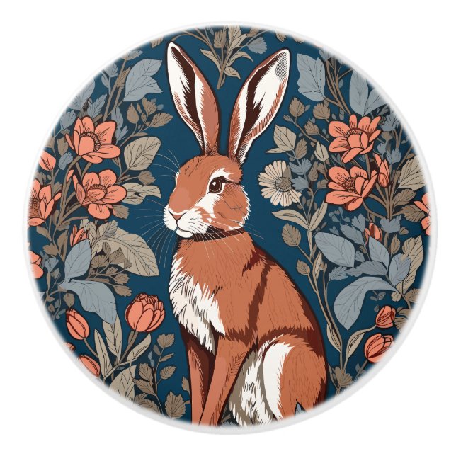 Sitting Hare William Morris Inspired Floral Keramikknauf (Vorderseite)