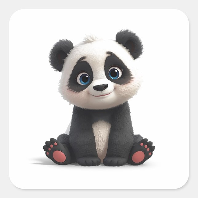 Sitting Panda Bear Cartoon Illustration Art Card Quadratischer Aufkleber (Vorderseite)
