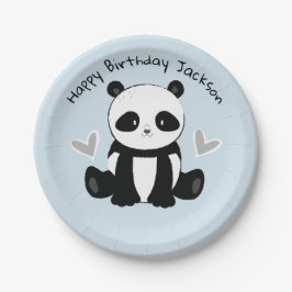 Sitzen Panda mit Herz-Blau-Party-Platte Pappteller