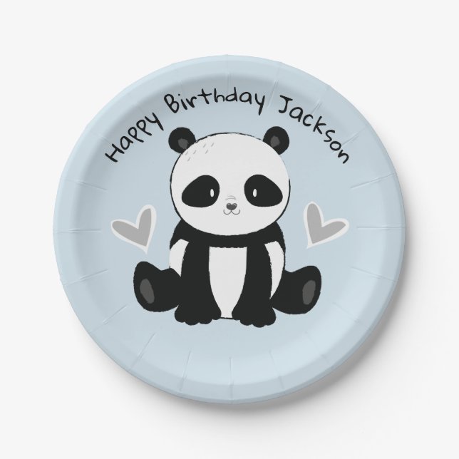 Sitzen Panda mit Herz-Blau-Party-Platte Pappteller (Vorderseite)