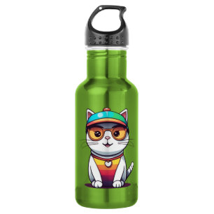 Sitzende Katze mit Brille und Hut Edelstahlflasche