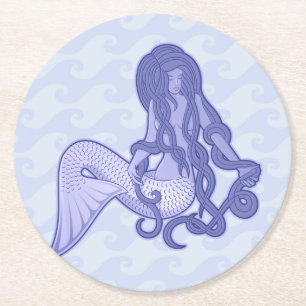 Sitzende Meerjungfrau Blau Runder Pappuntersetzer