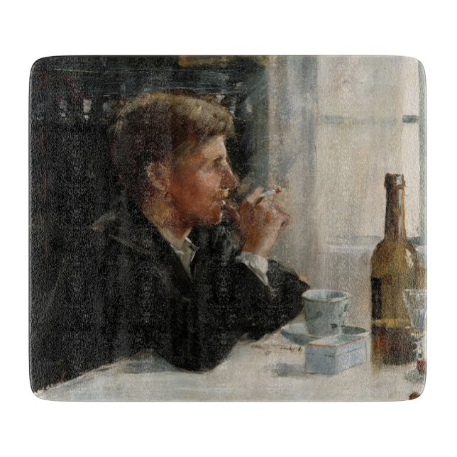 Sitzende Menschen verloren in Gedanken an den Tisc Schneidebrett (Vorderseite)