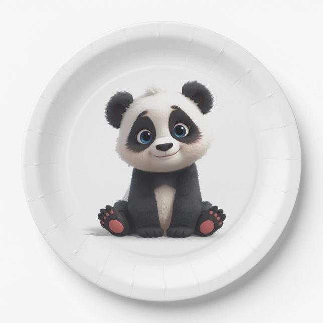 Sitzende Panda-Bär-Cartoon-Illustrationskunst Pappteller (Vorderseite)