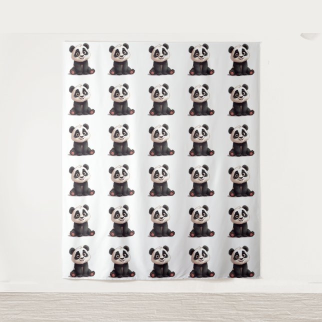 Sitzende Panda-Bär-Cartoon-Illustrationskunst Wandteppich (Vorderseite)