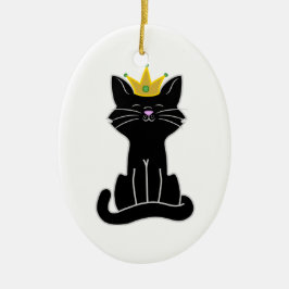 Sitzende schwarze Katze mit Goldkrone Keramikornament