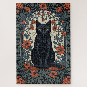 Sitzende schwarze Katze Vintage-Blumenmuster