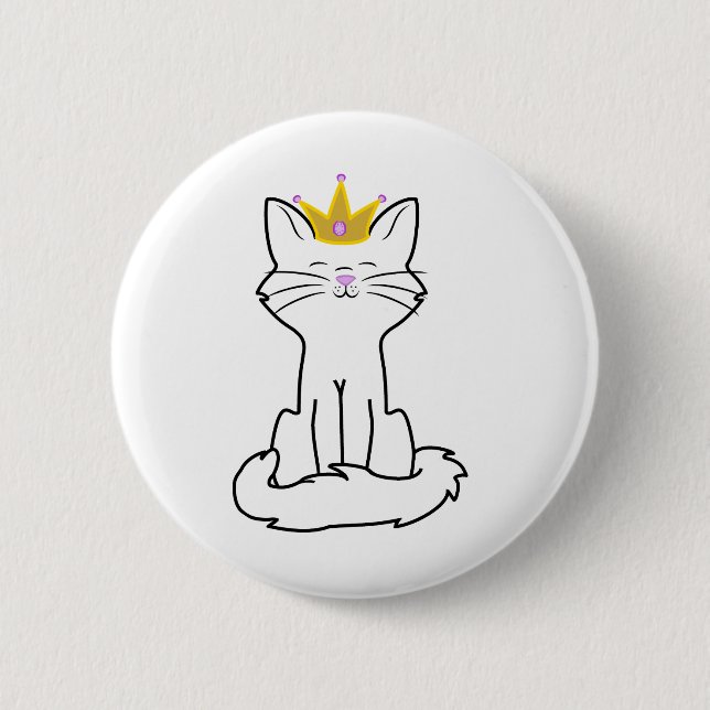 Sitzende weiße Katze mit Goldkrone Button (Vorderseite)