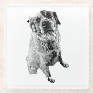 Sitzender Hund Schwarz-Weiß-Kunst-Unterlage Glasuntersetzer