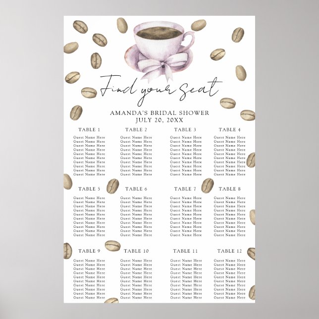 Sitzkarte für Kaffee und Brautparty Poster (Vorne)