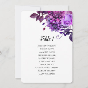 Sitzordnung für eine lila Hochzeit. Blumiger Tisch Einladung