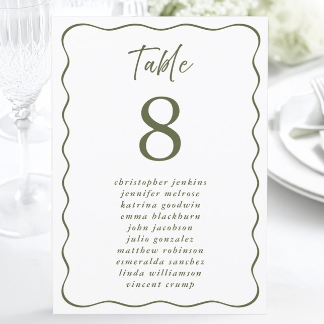 Sitzordnung Hochzeit Wellenförmiger Rahmen Grüne T Einladung (Wedding Seating List Wavy Frame Green Table Number)