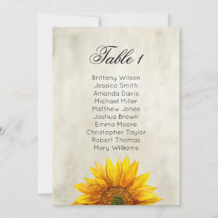 Sitzplan für Sonnenblumen. Rustikaler Hochzeitspla Einladung