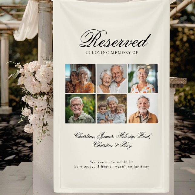 Sitzplatz - Gedenkstätte für 6 Fotos Banner (Reserved Seat - 6 Photo Memorial Beige Wedding Banner)