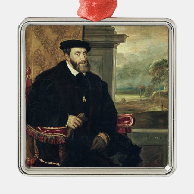 Sitzporträt des Kaisers Charles V 1548 Silbernes Ornament (Vorne)