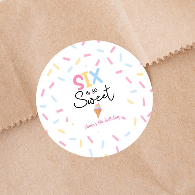 Six Is So Sweet Ice Cream 6th Birthday Party Runder Aufkleber (Von Creator hochgeladen)