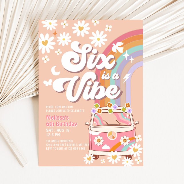Six ist ein Vibe Pink Daisy Rainbow Van Birthday Einladung (Von Creator hochgeladen)