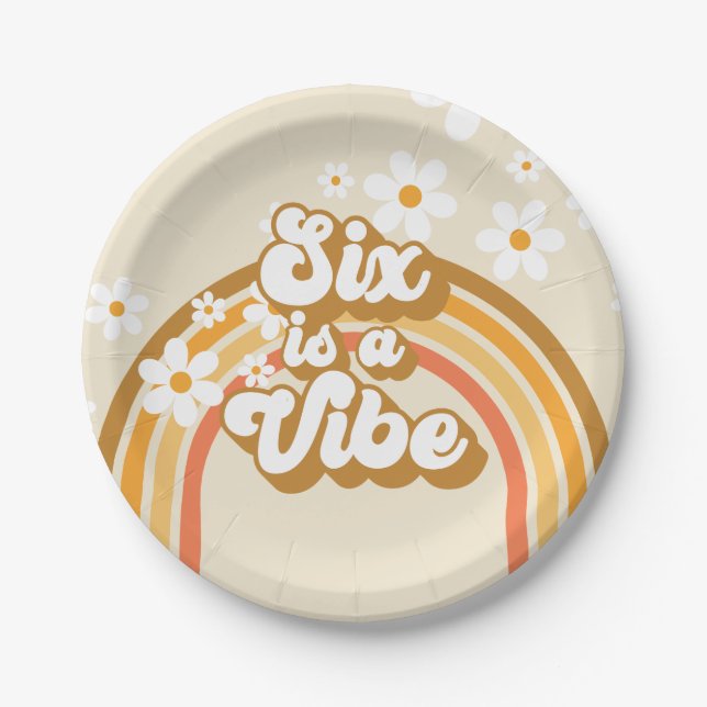 Six ist ein Vibe Retro Rainbow Groovy 6. Geburtsta Pappteller (Vorderseite)