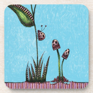 Six Plastic Coasters, Flower Ladybug Mushrooms Untersetzer