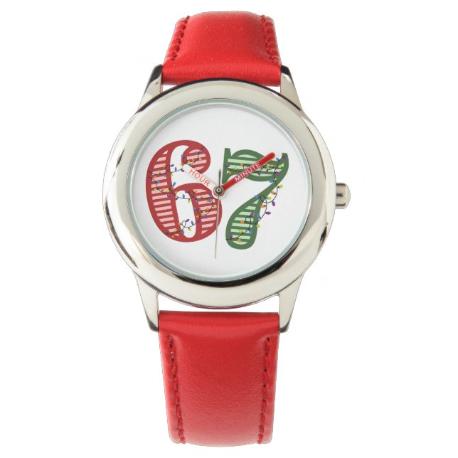 Six Seven 6 7 Green & Red Christmas Holiday Armbanduhr (Vorderseite)