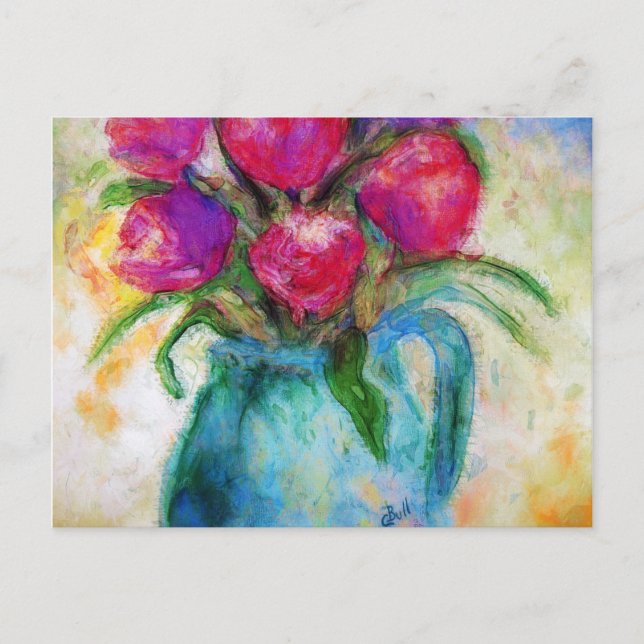 Six Tulipes dans un vase bleu, Art floral, Carte p (Devant)