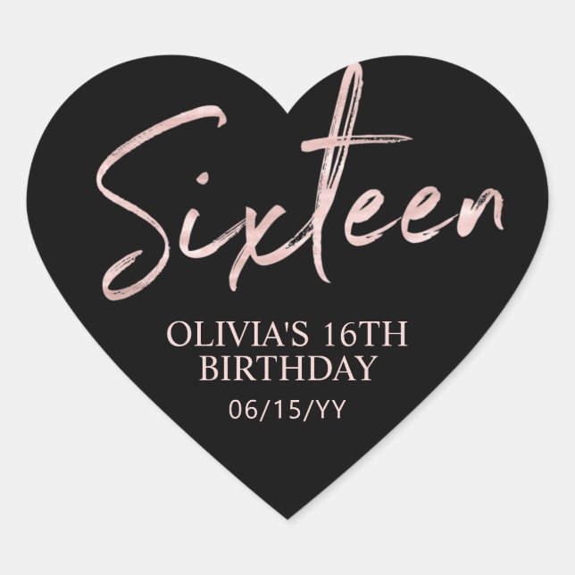 Sixteen Rose gold & Black Sweet 16 Birthday Party Herz-Aufkleber (Vorderseite)