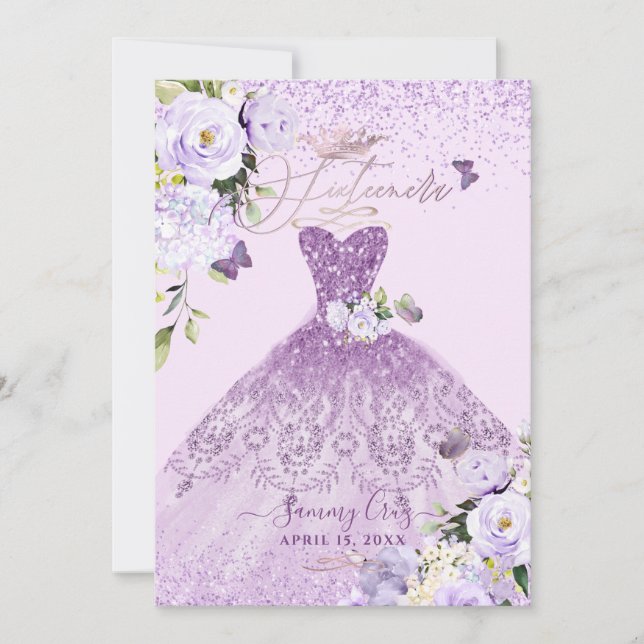 Sixteenera Dusty Lilac Lila Glitzer Gown Einladung (Vorderseite)