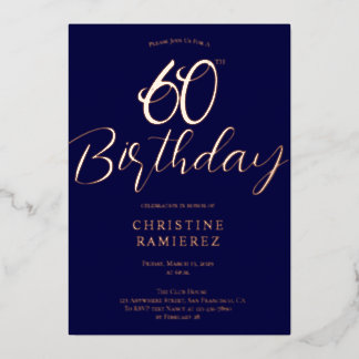 Sixtieth Birthday Party Navy Blue Rose Gold Photo  Folieneinladung
