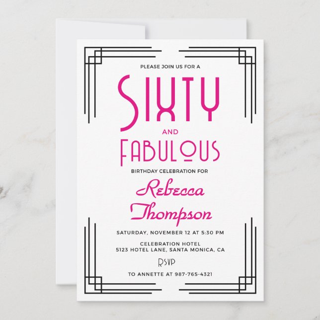 Sixty and Fabulous Hot Pink Art Deco 60th Birthday Einladung (Vorderseite)