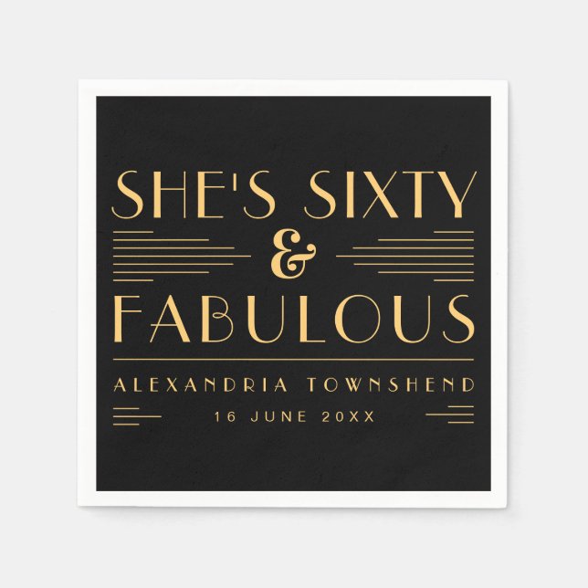Sixty & Fabulous Art Deco Name Date 60th Birthday Serviette (Vorderseite)