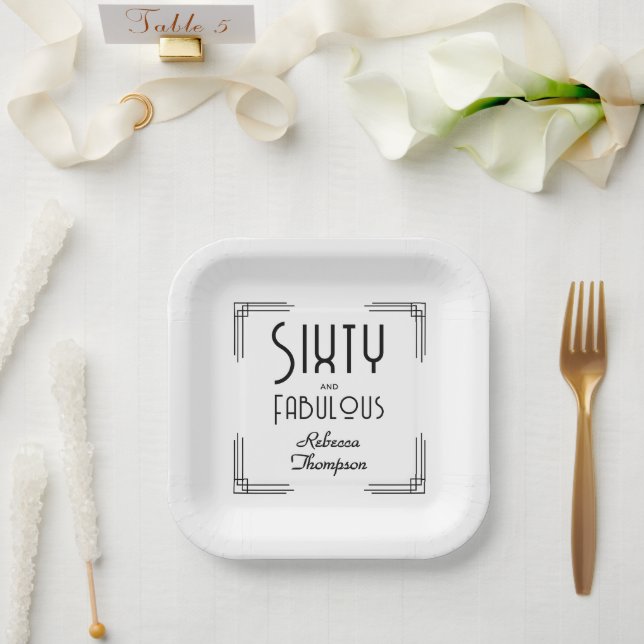 Sixty Fabulous Black White Art Deco 60th Birthday Pappteller (Hochzeit)