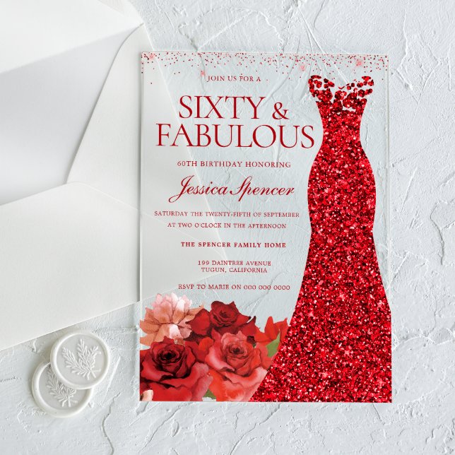Sixty & Fabulous! Red Dress 60th Birthday Party Acryleinladungen (Von Creator hochgeladen)