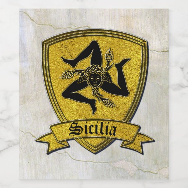 Sizilian Trinacria Gold Schwarzes Fresco Weinetikett (Einzelnes Label)