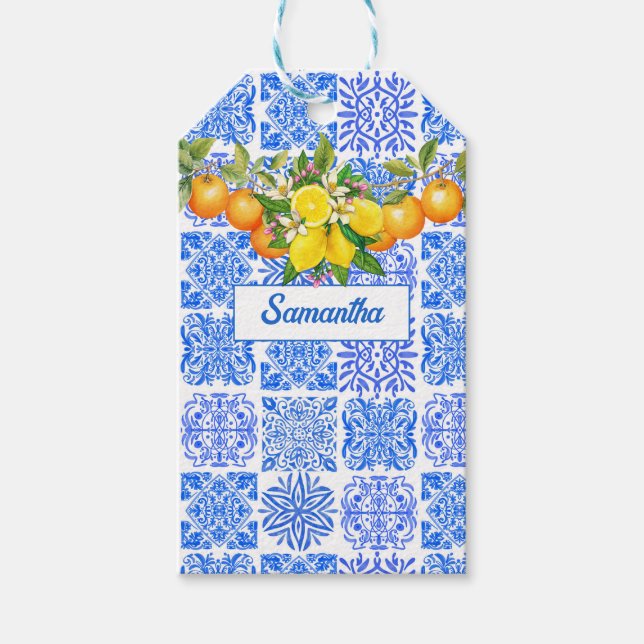 Sizilianisch-blaugelbe Zitrusfrüchte Mittelmeer-Az Geschenkanhänger (Vorderseite)