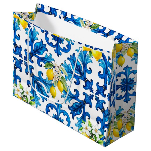 sizilianisch, Sommer, Zitrone, Mosaik, blau Große Geschenktüte (Vorderseite Schrägansicht)