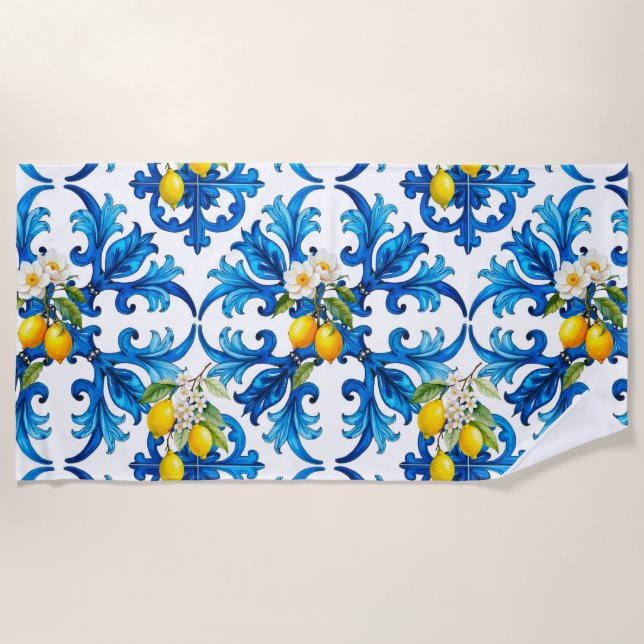 sizilianisch, Sommer, Zitrone, Mosaik, blau, Strandtuch (Vorderseite)