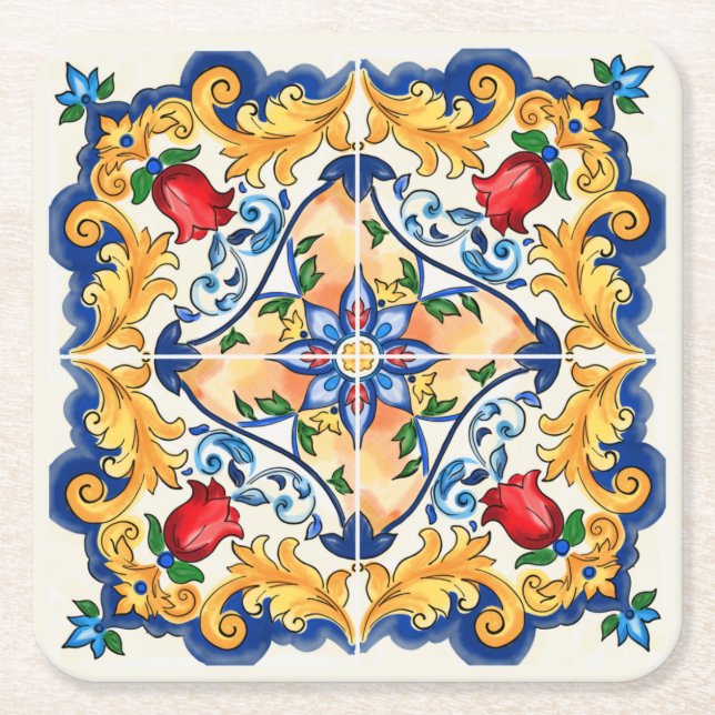 Sizilianische Majolica farbenfrohe Fliesenmuster Rechteckiger Pappuntersetzer (Vorderseite)