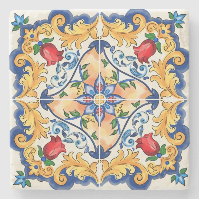 Sizilianische Majolica farbenfrohe Fliesenmuster Steinuntersetzer (Vorderseite)