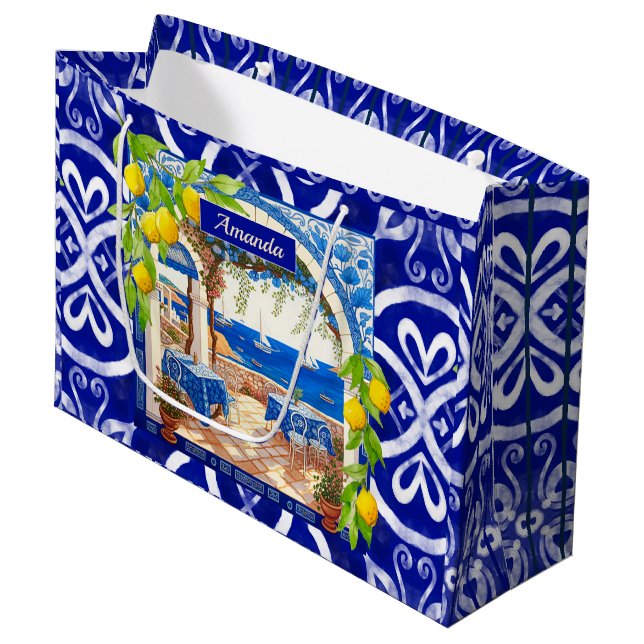 Sizilianische Mittelmeer-Majolika Zitruskacheln Große Geschenktüte (Vorderseite Schrägansicht)