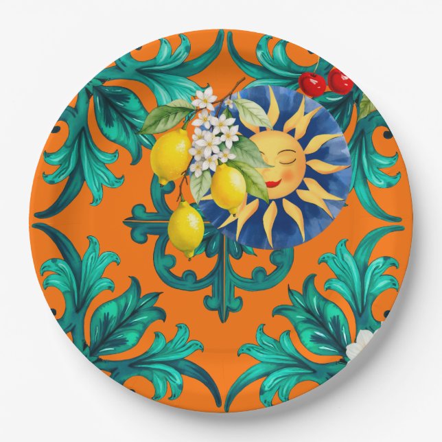 sizilianische Sonne, Sommer, Zitrone, Mosaik, Blau Pappteller (Vorderseite)