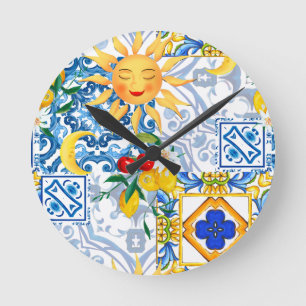 sizilianische Sonne, Zitrone, Majolika, Tischläufe Runde Wanduhr