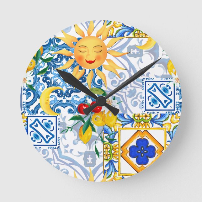 sizilianische Sonne, Zitrone, Majolika, Tischläufe Runde Wanduhr (Vorderseite)